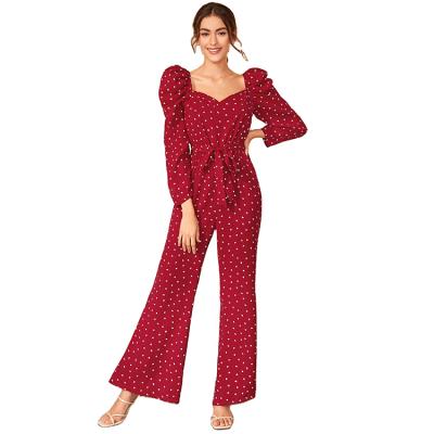 China QUICK DRY Causal Autumn Wide Leg Jumpsuit Long Sleeve Puff Neck Sweetheart Red Overalls Women Romper With Tie Belt for sale