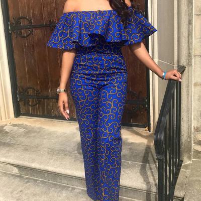 China Breathable Elegant Floral Printed Ruffled Off Shoulder Jumpsuit Women Blue Wide Leg Romper Overalls for sale