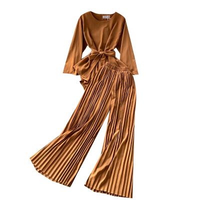 China QUICK DRY Elegant Solid Color O Neck Long Sleeve Self Belted Tops Chiffon Women Pleated Pants Set For Fall for sale