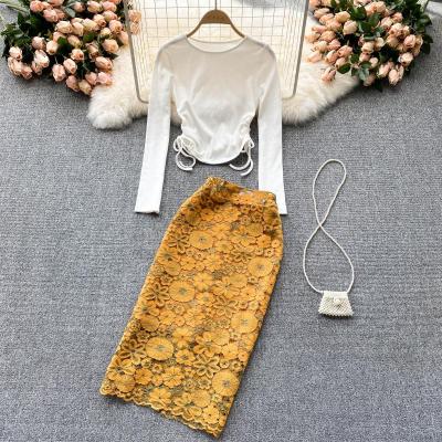 China QUICK DRY Side White Knitted Drawstring Tops Long Sleeve Skirt Set Lace Skirt Set For Fall for sale