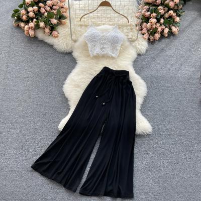 China Elegant Women V-Neckline Crop Top Lace Sleeveless QUICK DRY Cami Top Drawstring Wide Leg Pant Top Two Piece Set for sale