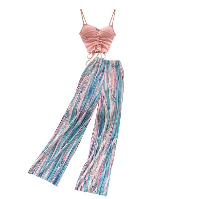 China QUICK DRY Abstract Drawstring Art Wide Leg Pants Women Sleeveless Cami Tie Dye Two Piece Crop Tops Pants Set for sale