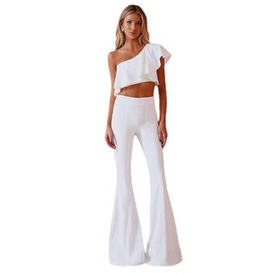 China QUICK DRY Women Flare Two Piece Pants Set Asymmetric White Shoulder Crop Neck Ruffle Pants Set Of Main One for sale