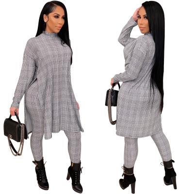 China QUICK DRY Casual Plaid Top Side Slit Side Slit Long Sleeve Neck 2 Piece Pants Set Women Clothing for sale