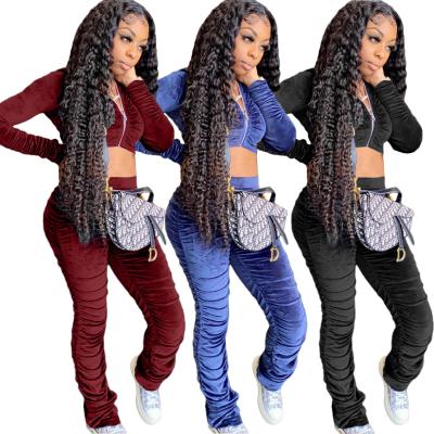 China QUICK DRY women sleeveless long zipper backing neck crop top velor stacked jogger pants two piece set for sale