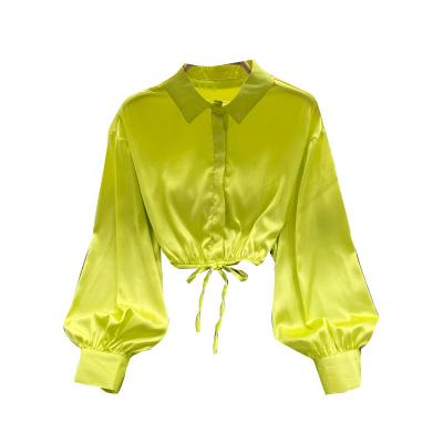 China Breathable Multi Options Lapel Solid Color Streetwear Bishop Sleeve Drawstring Waist Satin Long Women Blouses for sale