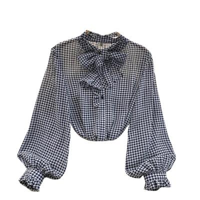 China High Street Bishop Long Sleeve Houndstooth Breathable Women Shirt Bow Tie Blouses for sale