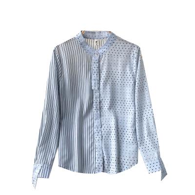 China Blue Neck Dot Striped Women Shirts Breathable Simple Style Long Sleeve Stand Blouse For Office Ladies for sale