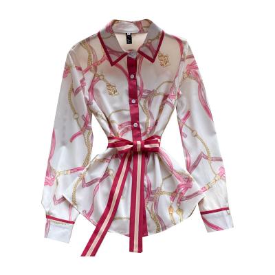 China Breathable Elegant White Red Chain Neck Style Lapel Long Sleeve Self Belted Satin Tunic Blouses For Women for sale