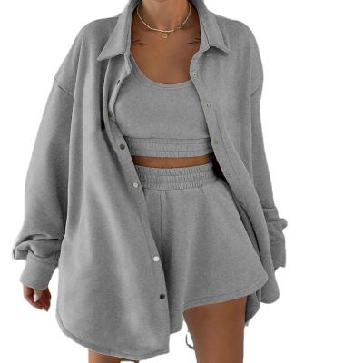 China Anti-Wrinkle Solid Color Metallic Button Up Women Terry Cotton Casual Loose Lapel Sweatshirt Sweatshirt for sale