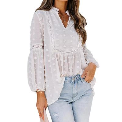 China Casual Swiss Dot V-Neck Women Tunic Chiffon Blouse Ladies Anti-pilling Three Quarter Puff Sleeve Tops Summer for sale