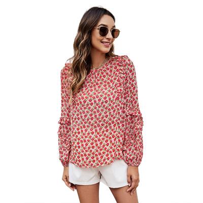 China Anti Pilling Casual Round Neck Ruffled Edge Long Puff Sleeve Women Tops Floral Blouse Chiffon Red Color for sale