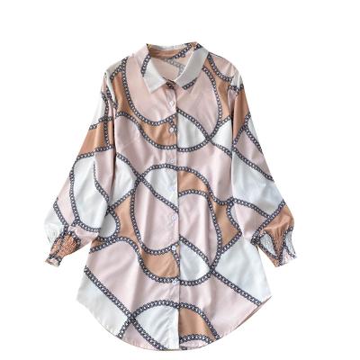 China Anti-pilling Turn Down Neck Ladies Casual Designer Print Long Smocked Cuff Sleeve Women Tops Puff Blouse for sale