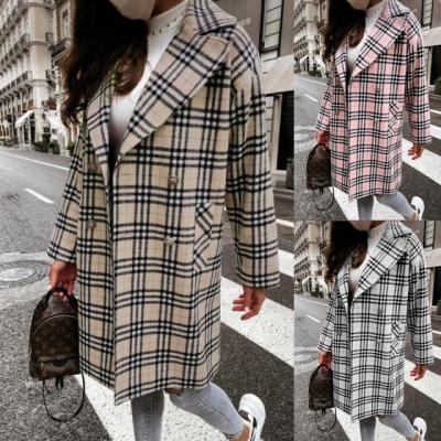 China Breathable Shoulder Notched Neck Woman Plaid Coat Drop Long Coat Winter Long Woolen Twill Fabric for sale