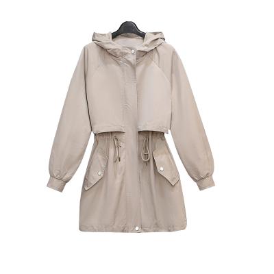 China Women Viable Drawstring Solid Color Ditch Coat Shawl Collar Autumn Thin Ditch Coats With Hoodie for sale