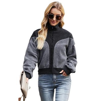 China Winter Autumn Breathable Jacket High Drop Neck Fleece Jacket Women Gray Black Splicing Blouson Zipper for sale