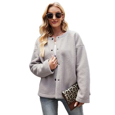 China Breathable Drop Shoulder Gray Solid Color Round Neck Ladies Shear Jacket Button Up Women Fleece Jacket for sale