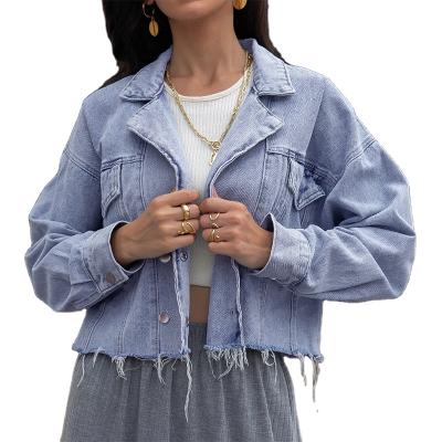 China Front Pocket Notched Collar Washed Crop Blue Fringed Jean Women Denim Breathable Jackets For Ladies for sale