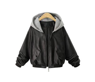 China Autumn Winter Breathable Zipper Up Hooded Black PU Bomber Leather Jacket Woman Plus Size Jacket for sale