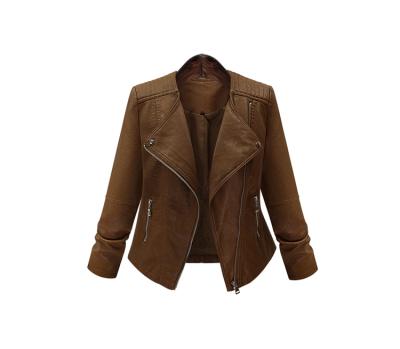 China Winter Autumn Lapel Motorcycle Leather Jacket Reversible Zipper Up Brown Leather Jacket Women's for sale