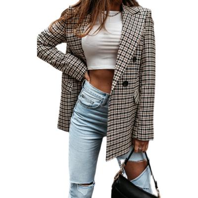 China Anti-wrinkle Black Brown Color Full Sleeve Notched Neck Houndstooth Women Long Double Breasted Blazer for sale