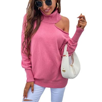 China Anti-wrinkle Solid Color Long Sleeve Loose Fine Knitted High Neck One Shoulder Turtle Neck Sweater Women Pullover for sale