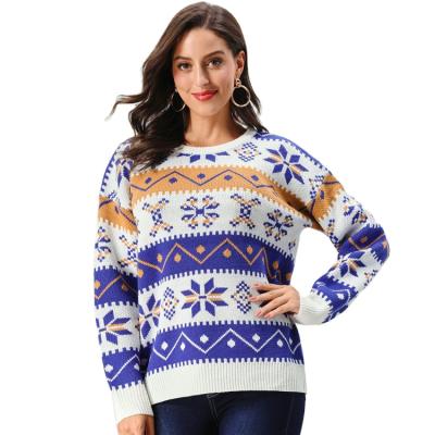 China Art Geometry Snowflake Knitted Christmas Sweater Women White Color Strip Navy Sweater Anti-wrinkle for sale