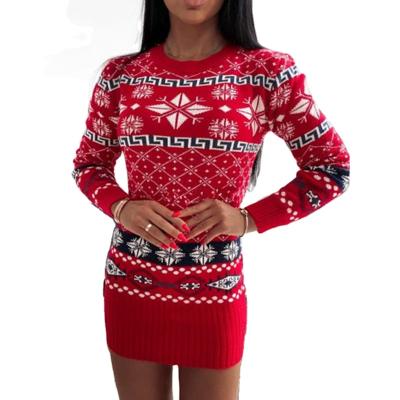 China Anti-Static Snowflake Geometry Round Neck Knitted Short Dress Christmas Sweater Dresses Winter for sale