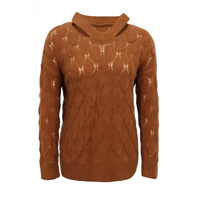 China Solid Color Autumn Casual Anti-wrinkle Hollow Out Women's V-Neck Sweater Pullover Crochet Sweater for sale