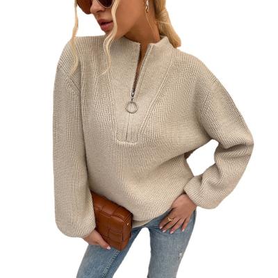 China Anti-wrinkle High Street Solid Color Drop Shoulder Sleeve Zipper Mock Neck Sweater Women Long Cable Knit Sweaters for sale