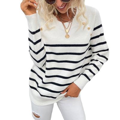 China Anti-Wrinkle Causal Round Neck Long Sleeve Fine Knit Jumper Women Pullover Sweaters Striped Sweater for sale