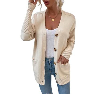 China V-Neckline Front Pockets Winter Sweater Anti-wrinkle Solid Color Casual Mid Length Button Long Sleeve Cardigan For Women for sale