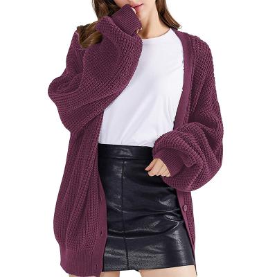 China Anti-Wrinkle Women Ladies Causal Winter Solid Button Down Long Puff Sleeve Waffle Sweater Knit Cardigan for sale