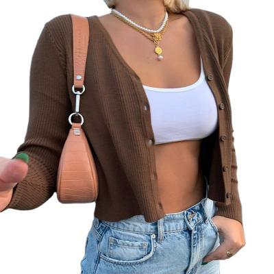 China Anti-wrinkle Autumn Ladies Sheath V-Neck Button Up Cable Knit Brown Cropped Cardigan For Women for sale