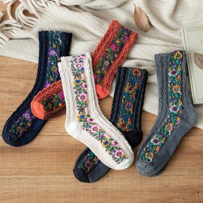 China Viable Classic Women's Socks Flowers Dress Socks Spring and Autumn Vintage Flower Bone Custom Famale Embroidery Cute Socks for sale