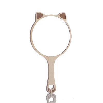 China Custom Creative Wooden Hand Mirrors Design Makeup Hand Held Cosmetic Mirror With Cute Cat Ear for sale