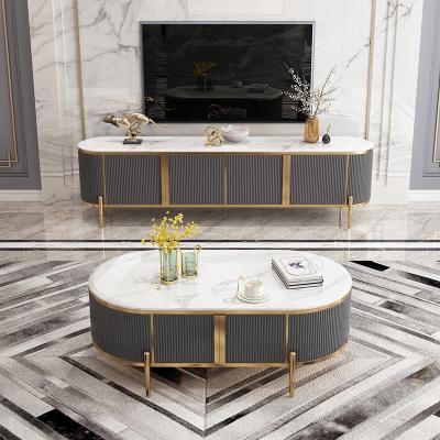 China Adjustable Stylish Living Room Modern Design (Others) Gold TV Furniture Stand And Coffee Table With Stainless Steel Marble Top Leg for sale