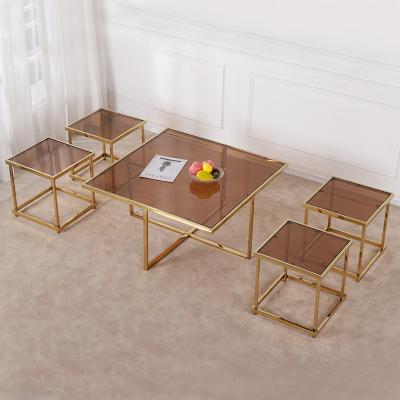 China 5pcs/set Extendable Luxury Gold or Glass Stainless Steel Marble Top Square Coffee Table for Living Room Furniture for sale