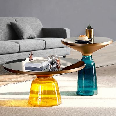 China Convertible Colored Glass Coffee Table Set Transparent Mirror Side Table Combination For Living Room Furniture for sale