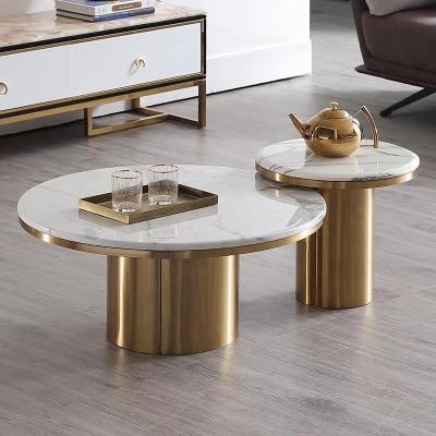 China Stainless Steel Convertible Luxury Round Table Center Furniture Living Room Marble Top Coffee Table 2pcs For Home Office for sale