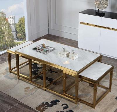 China Stainless Steel Convertible Luxury Gold Movable 1+2 Seater Marble Top Folding Coffee Table Set For Living Room Furniture for sale