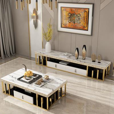 China Luxury Convertible Living Room Furniture Sets Gold Coffee Table TV Stand and Dining Table Side Table Set for sale