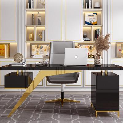 China Other Luxury Modern Home Office Set Computer Desks Black Study Table With Gold Stainless Steel Frame For Office Furniture for sale