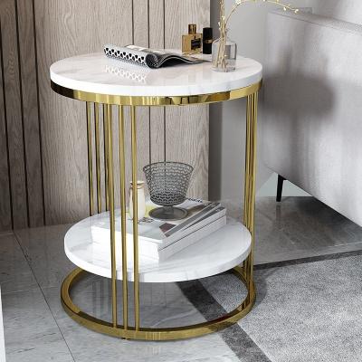 China (Other) Gold Stainless Steel Adjustable Coffee Table Sofa Side Luxury Marble Double Side Table For Living Room Furniture for sale