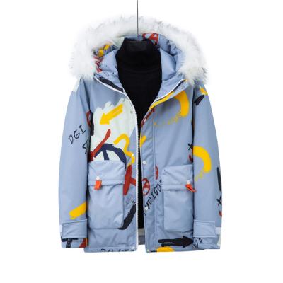 China New Arrival Most Popular Windproof Men's Down Coat Doodle Pattern Down Jacket With Fur Hood for sale