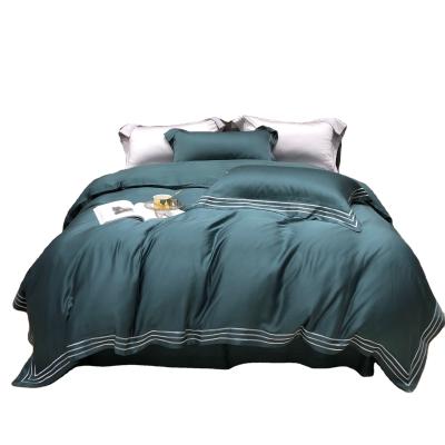 China Hotel Disposable Bedding Set 100% Cotton Green Hand Embroidery Bedding Set for sale