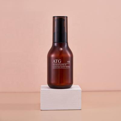 China Wholesale Cosmetic Brown Plastic Lotion Spray Bottle Custom Logo PETG Cosmetic Packaging With Pump And Cap for sale