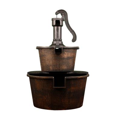 China 2 Tiers Bucket Fountain Traditional Wood Grain Plastic Bucket Fountain Outdoor Garden Decoration Fountain for sale