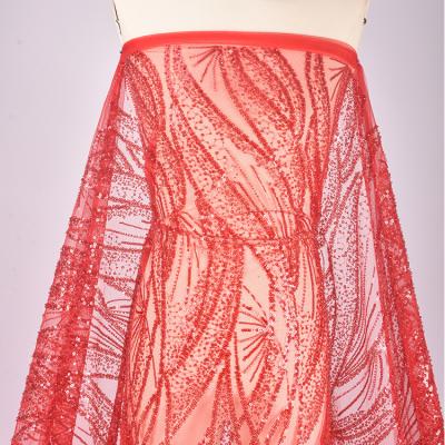 China Other Luxury Red Beaded Embroidery Party Evening Dress Lace Fabric For Lady for sale