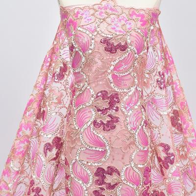 China Other Embroidery Pink Sequined Sequins Sequins Fabric Wedding Bridal Rope Lace Fabric for sale